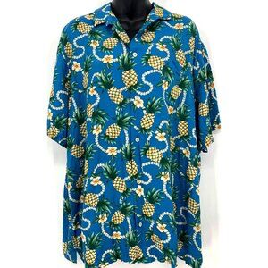 Reyn Spooner Men Hawaiian Shirt Size 2XL Blue Pineapple Vintage Rayon Button Up